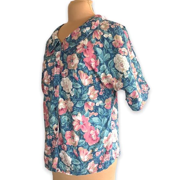 Vintage 90s Dark Floral Button Up Shirt Blue Pink Green Peter Pan Collar Cottage - Picture 7 of 11